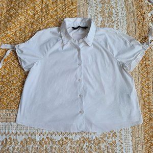 Zara Woman White Short Sleeve Dress Shirt With Tied Sleeves Small